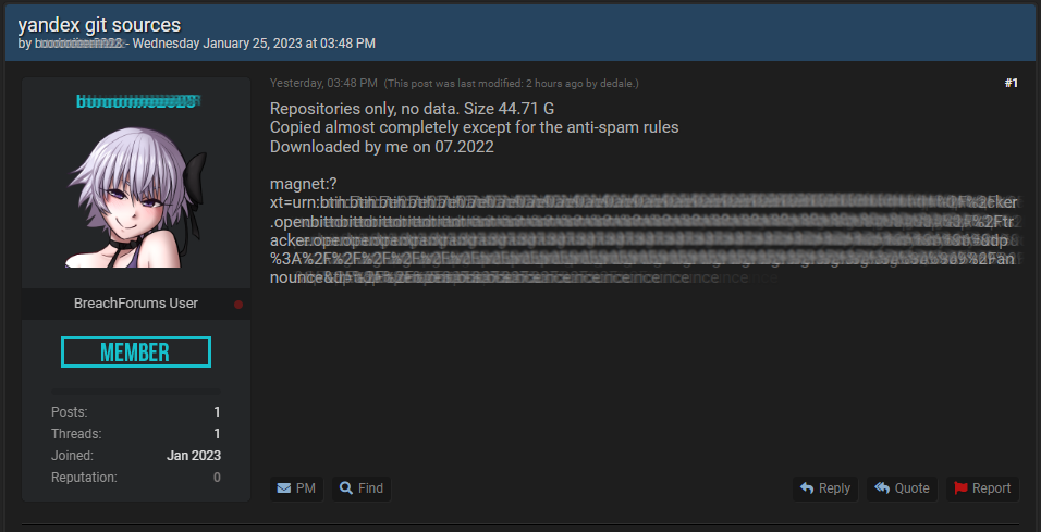 Forum post announcing the Yandex code leak